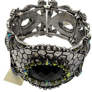 Stretch Silver Cuff with Green Stones New